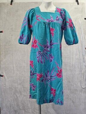 Vintage 80s Sea Wind Hawaiian Muumuu Dress Womens M Turquoise Floral Aloha